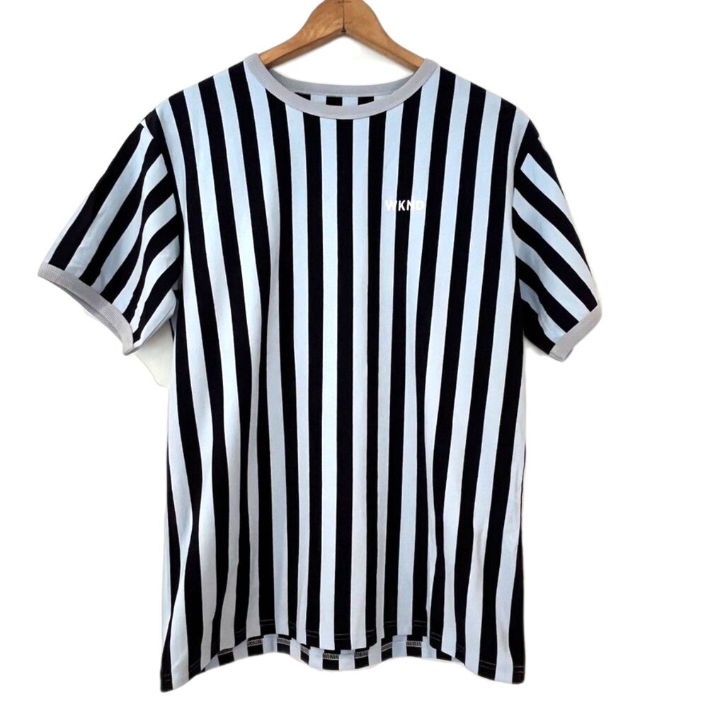 WKND Blue Vertical Striped T-Shirt Crew Neck Medium Ringer Ref Goals